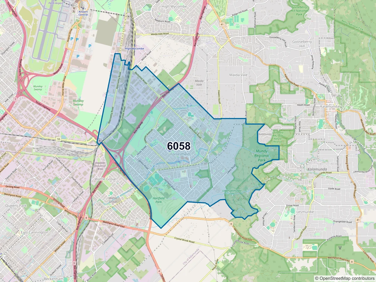 Map of postcode 6058 — Forrestfield, WA, Australia