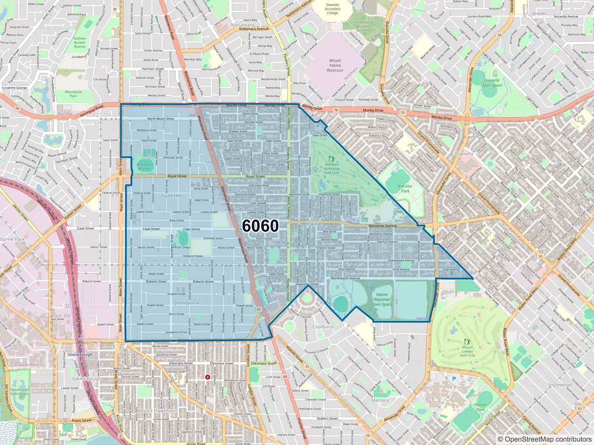 Map of postcode 6060 — Yokine, WA, Australia