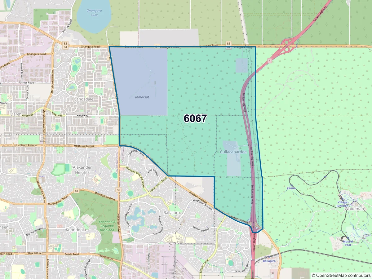 Map of postcode 6067 — Cullacabardee, WA, Australia