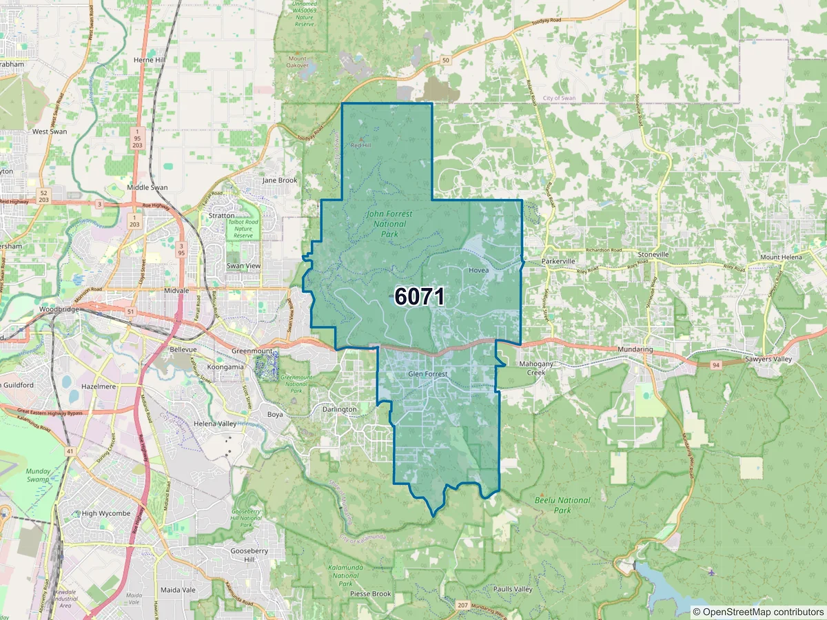 Map of postcode 6071 — Glen Forrest, WA, Australia