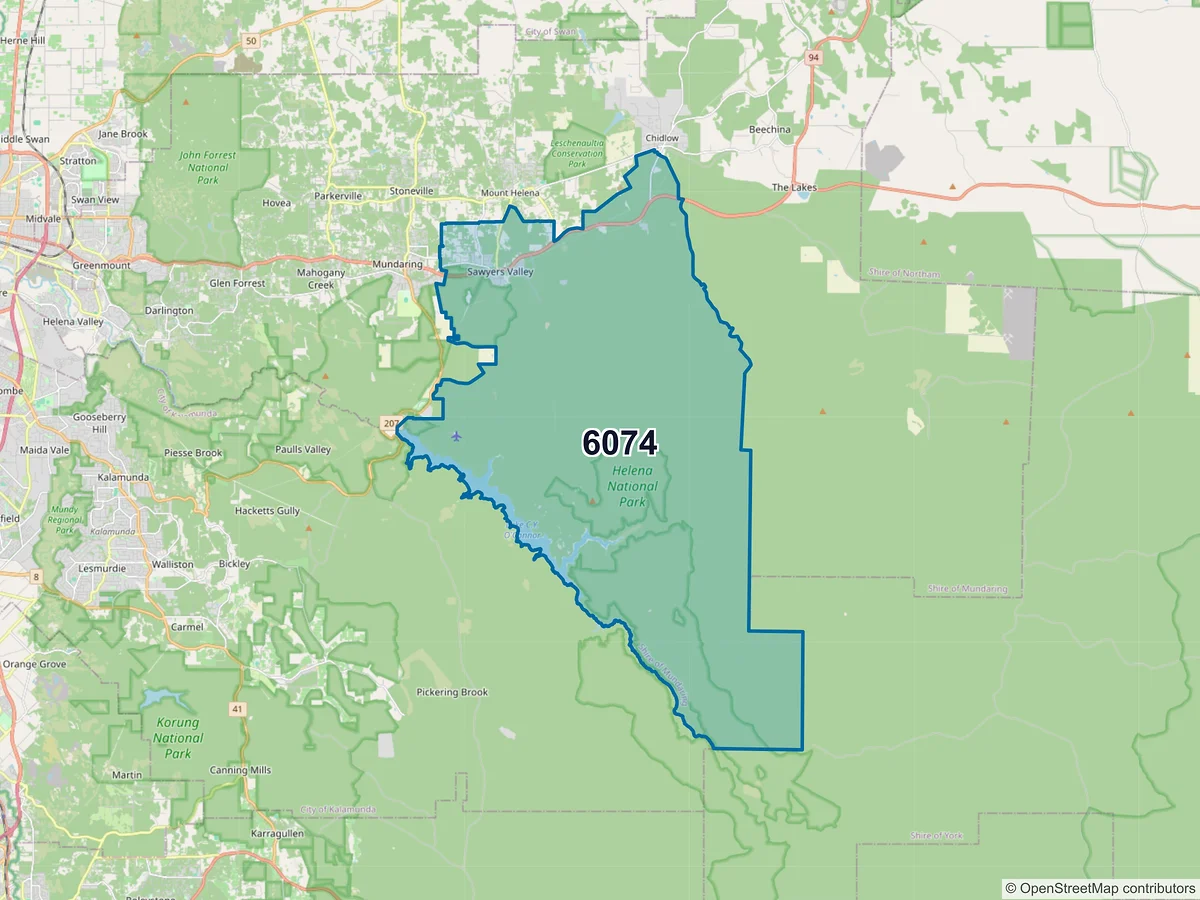 Map of postcode 6074 — Sawyers Valley, WA, Australia