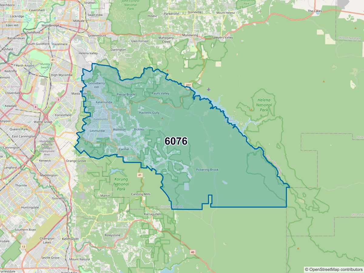 Map of postcode 6076 — Kalamunda, WA, Australia