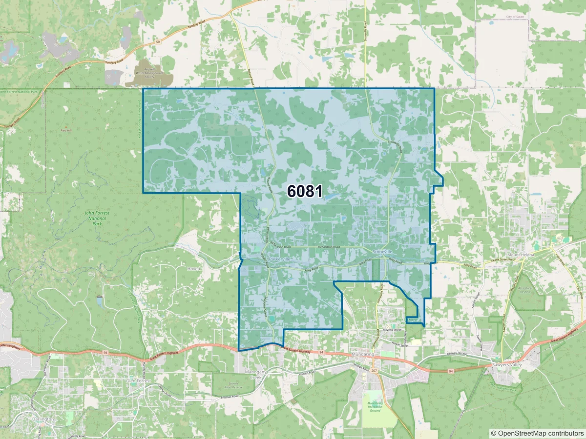 Map of postcode 6081 — Parkerville, WA, Australia
