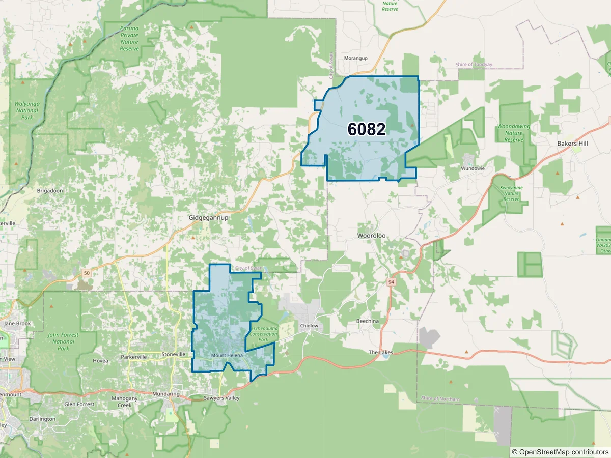 Map of postcode 6082 — Mount Helena, WA, Australia