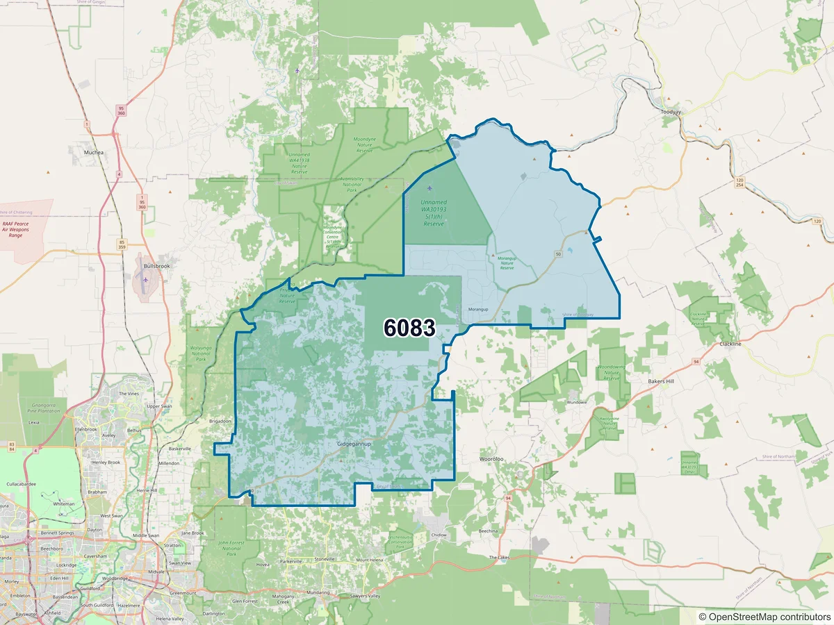 Map of postcode 6083 — Gidgegannup, WA, Australia