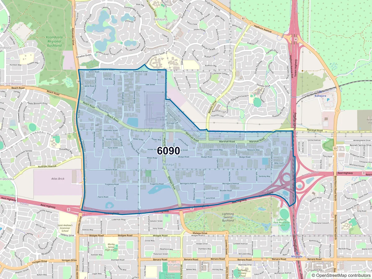 Map of postcode 6090 — Malaga, WA, Australia