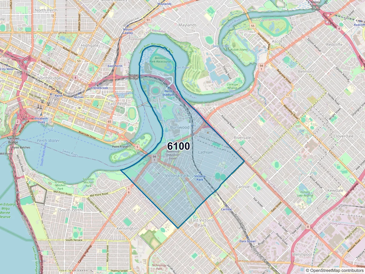 Map of postcode 6100 — Victoria Park, WA, Australia