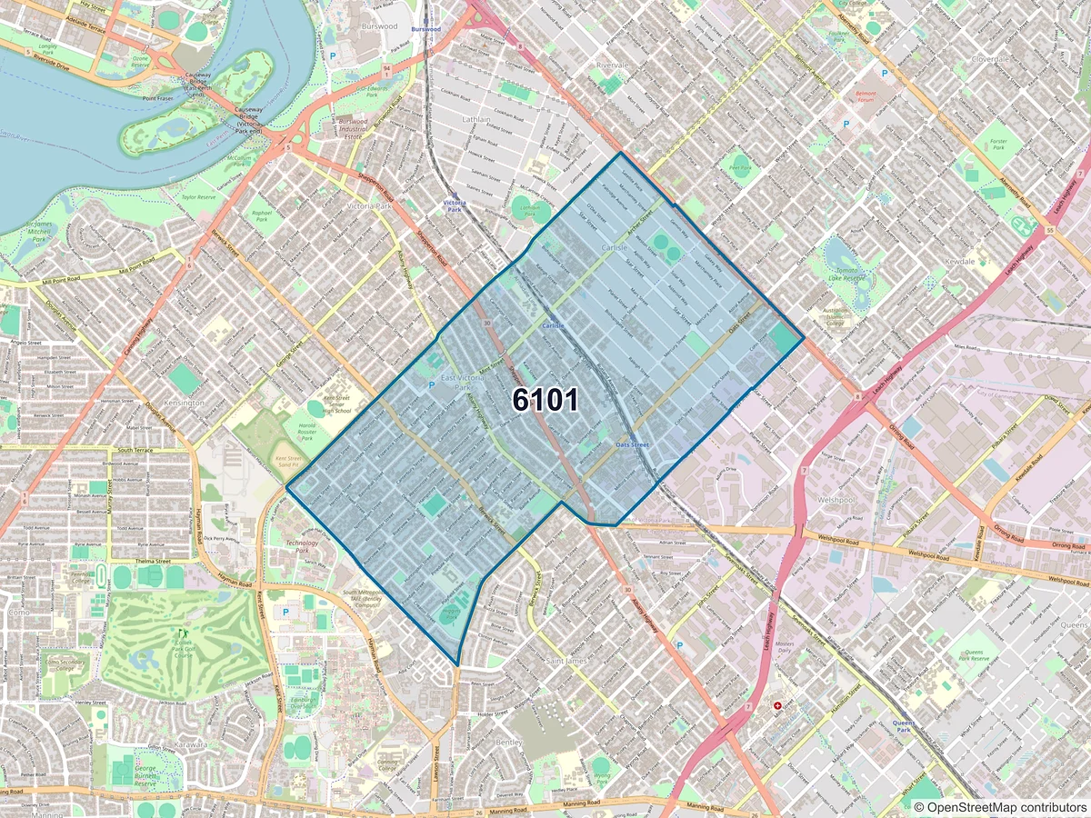 Map of postcode 6101 — East Victoria Park, WA, Australia