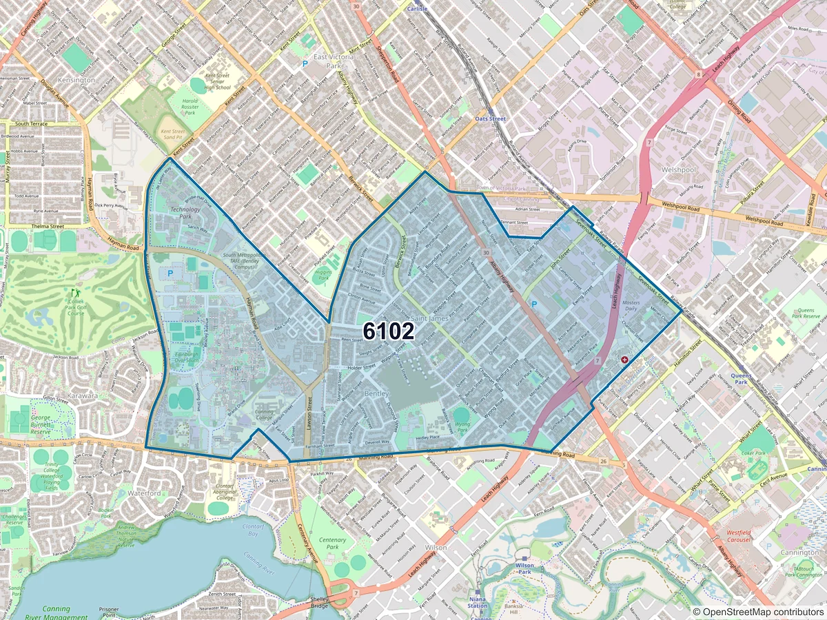 Map of postcode 6102 — Bentley, WA, Australia