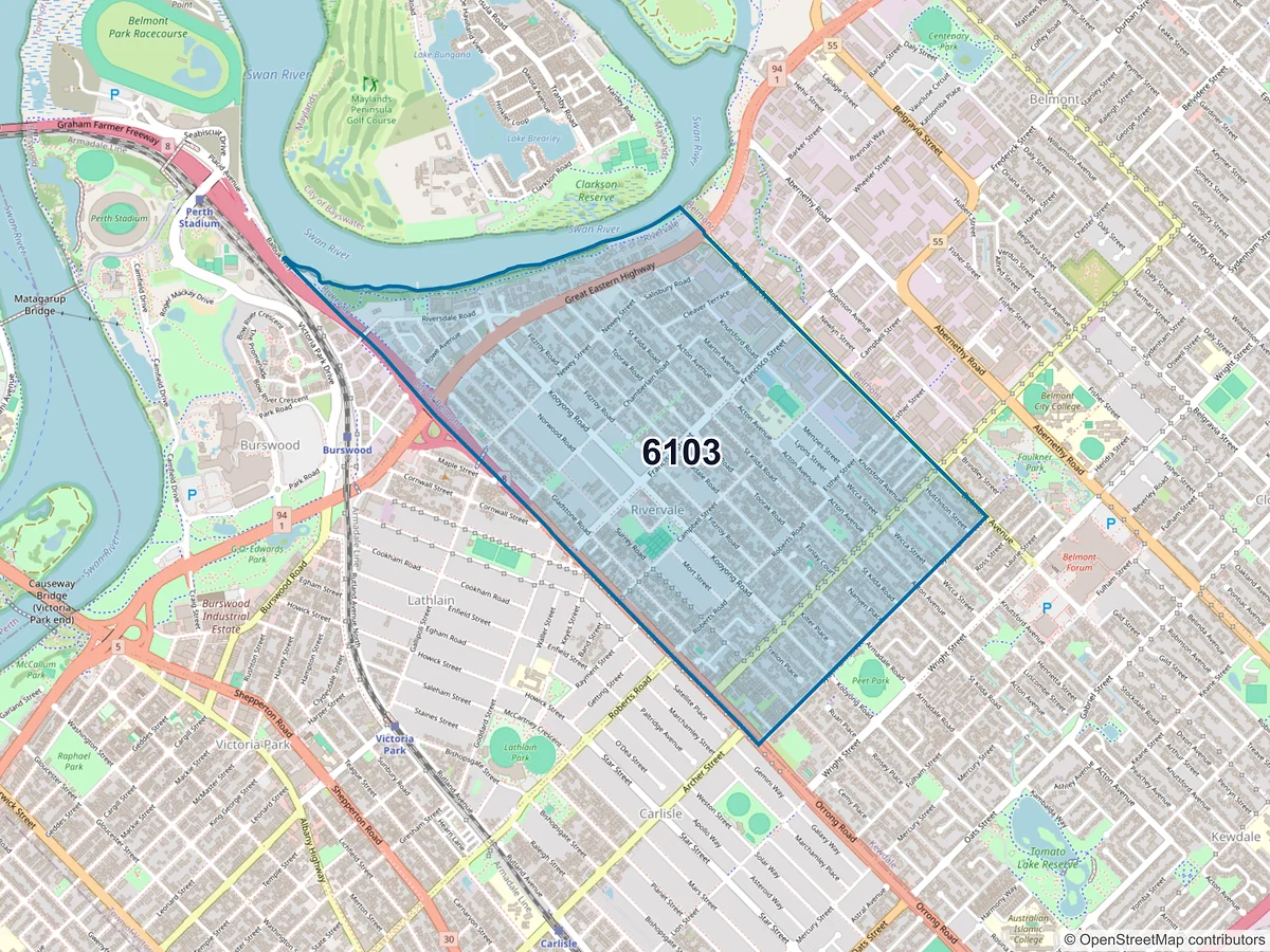 Map of postcode 6103 — Rivervale, WA, Australia