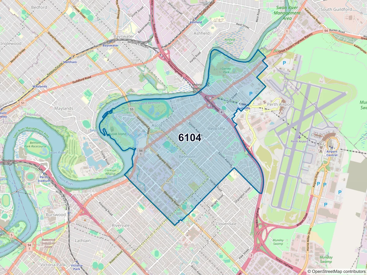 Map of postcode 6104 — Belmont, WA, Australia