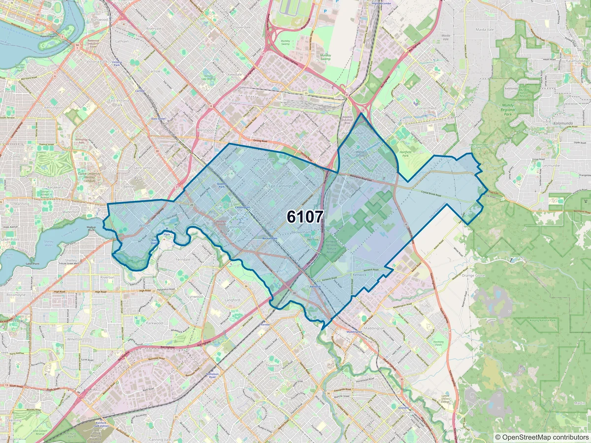 Map of postcode 6107 — Cannington, WA, Australia