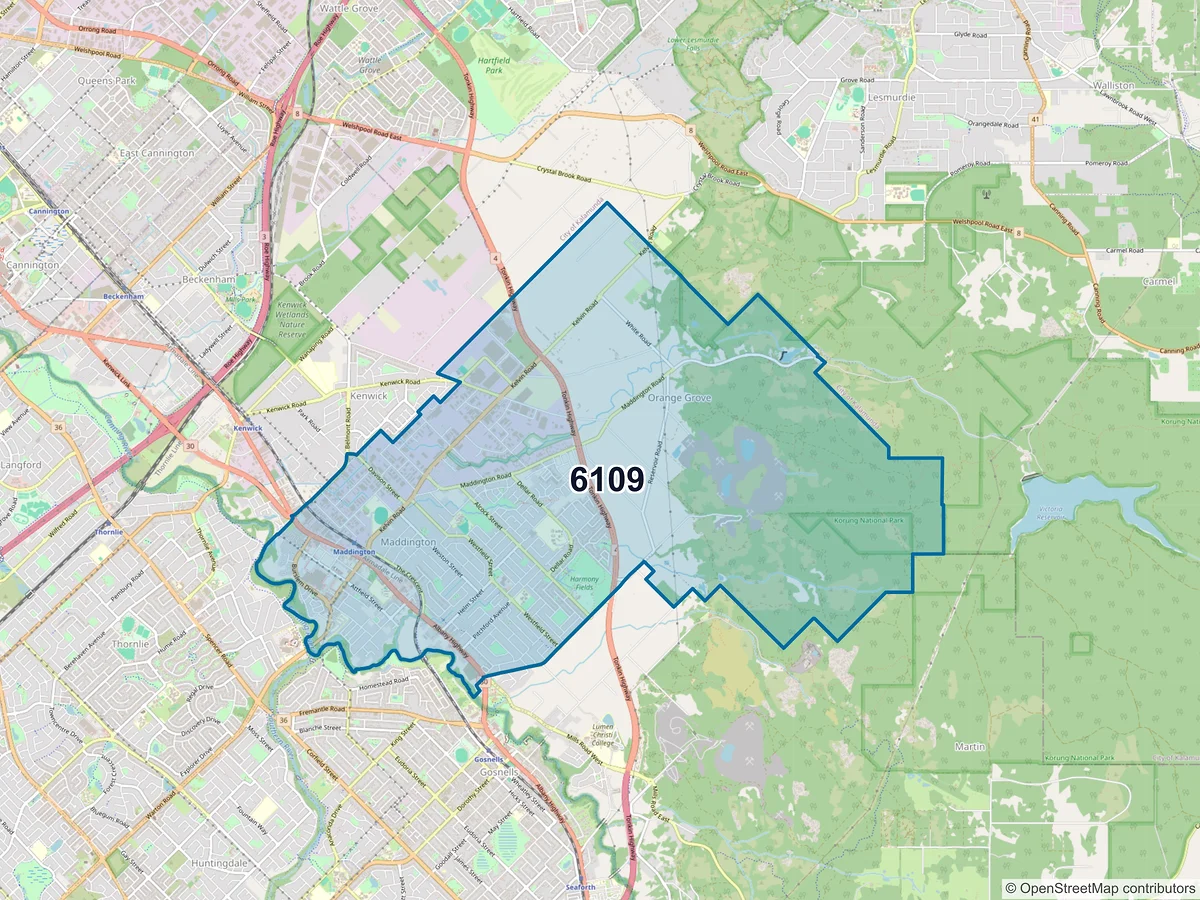 Map of postcode 6109 — Maddington, WA, Australia