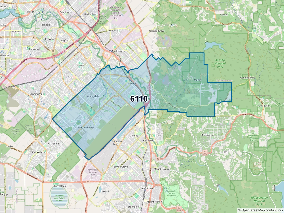 Map of postcode 6110 — Gosnells, WA, Australia