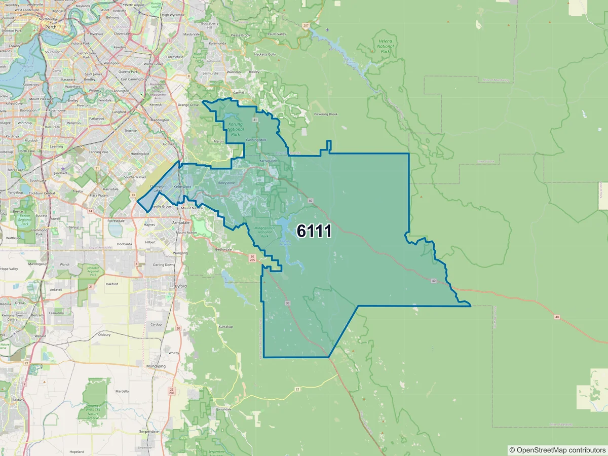 Map of postcode 6111 — Kelmscott, WA, Australia