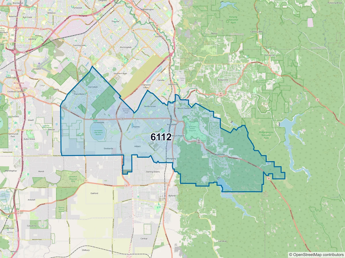 Map of postcode 6112 — Armadale, WA, Australia