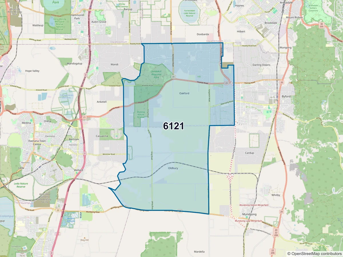 Map of postcode 6121 — Oakford, WA, Australia
