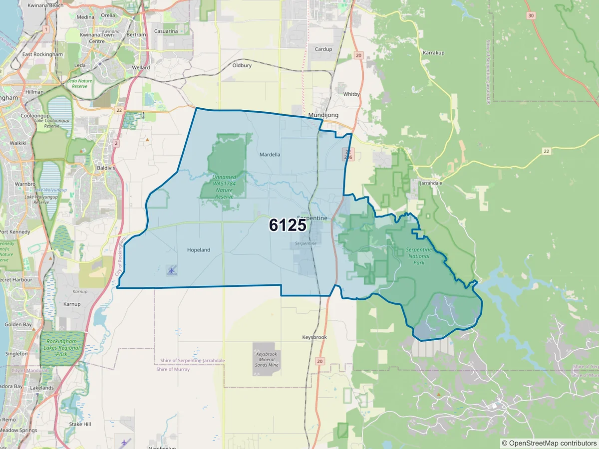 Map of postcode 6125 — Serpentine, WA, Australia