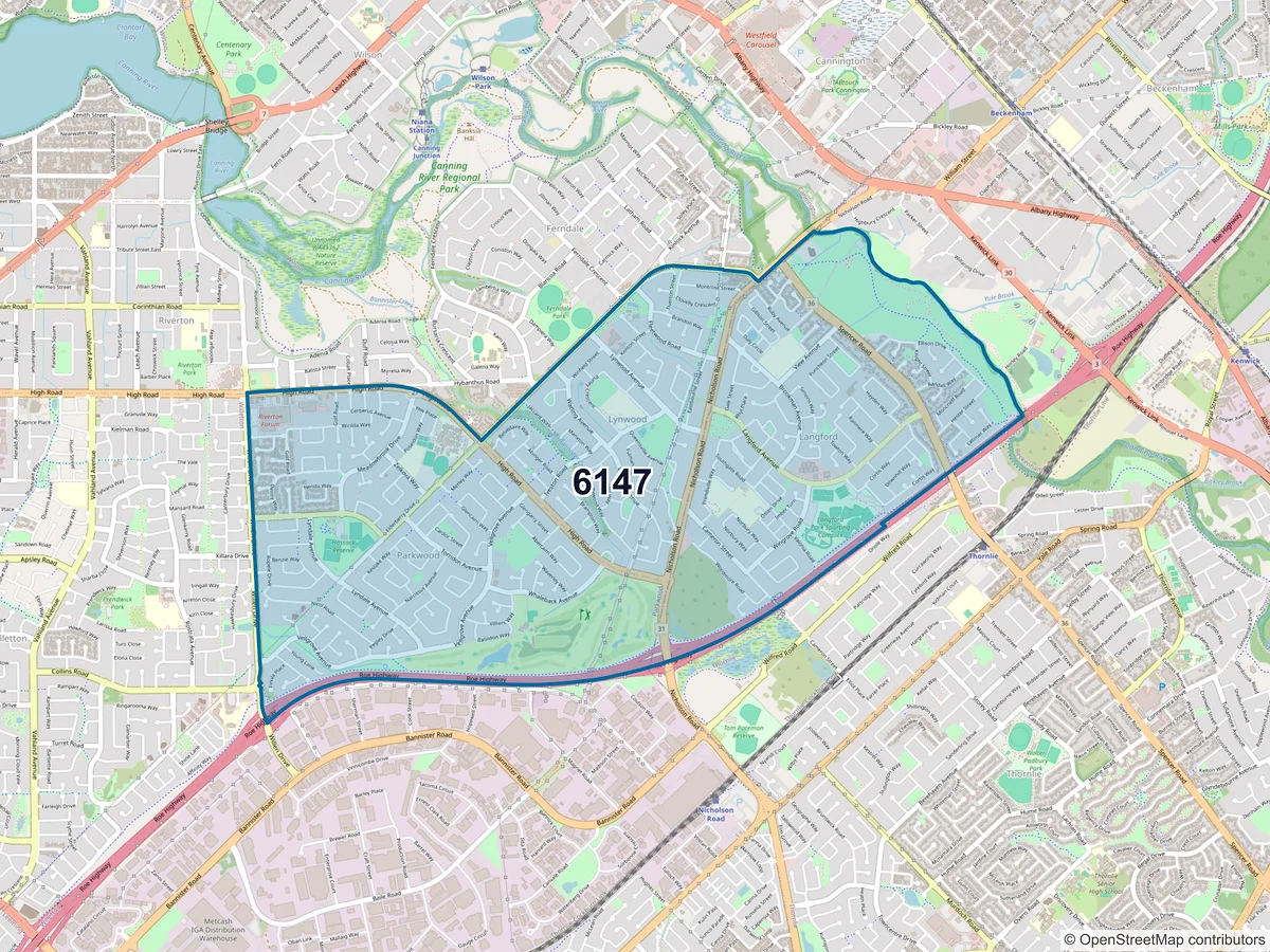 Map of postcode 6147 — Parkwood, WA, Australia