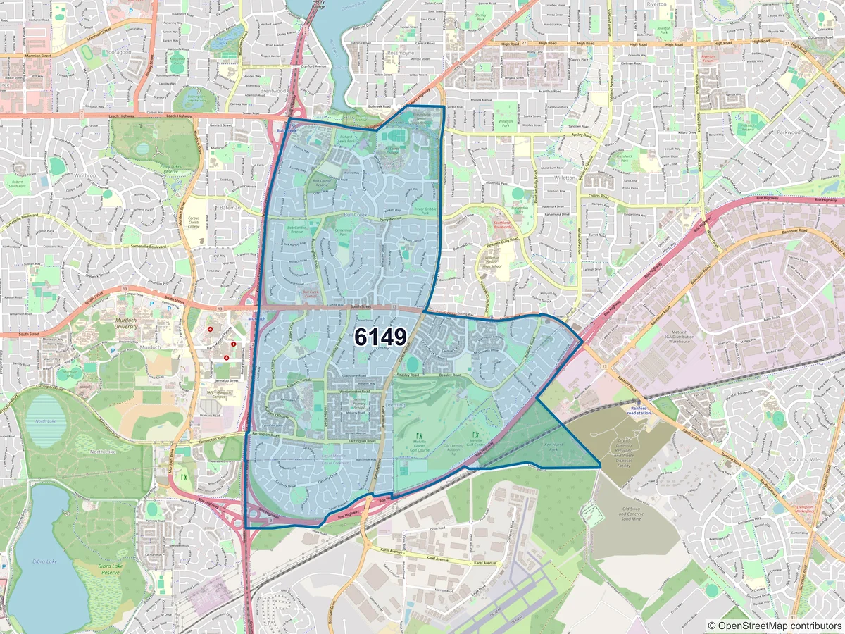 Map of postcode 6149 — Leeming, WA, Australia