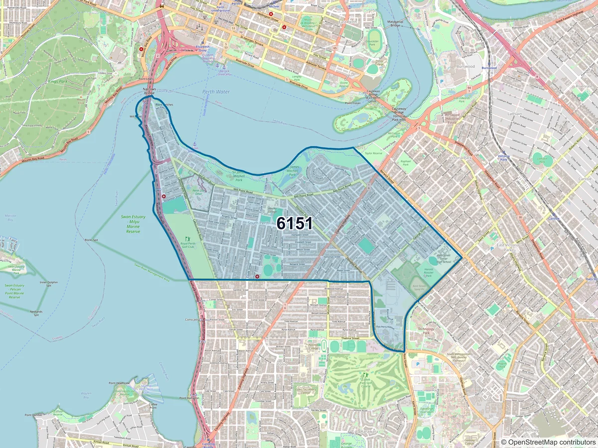 Map of postcode 6151 — South Perth, WA, Australia