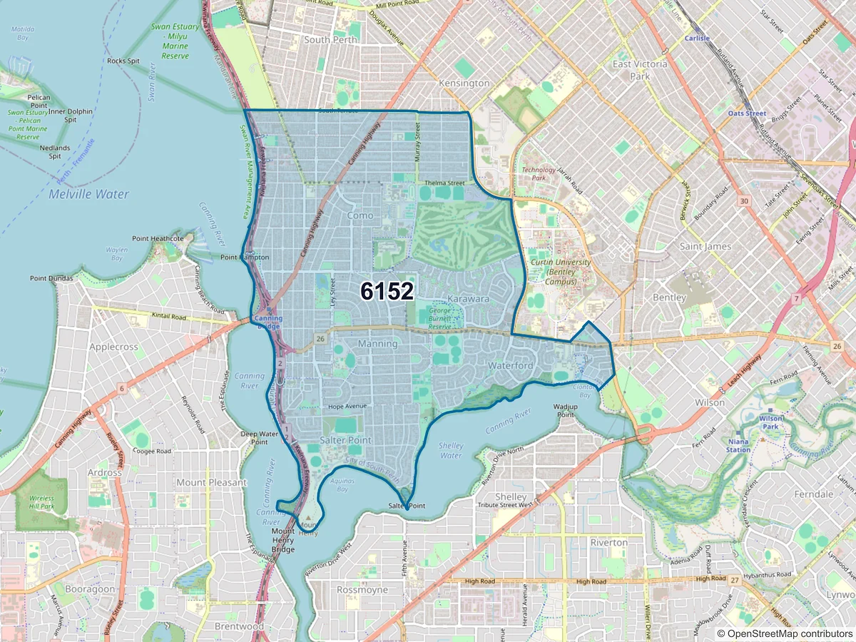 Map of postcode 6152 — Como, WA, Australia