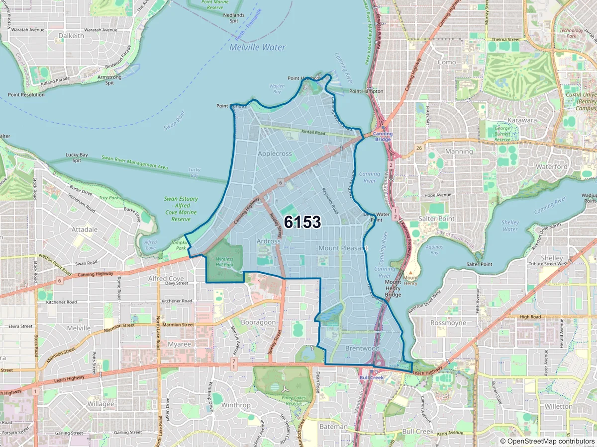 Map of postcode 6153 — Applecross, WA, Australia