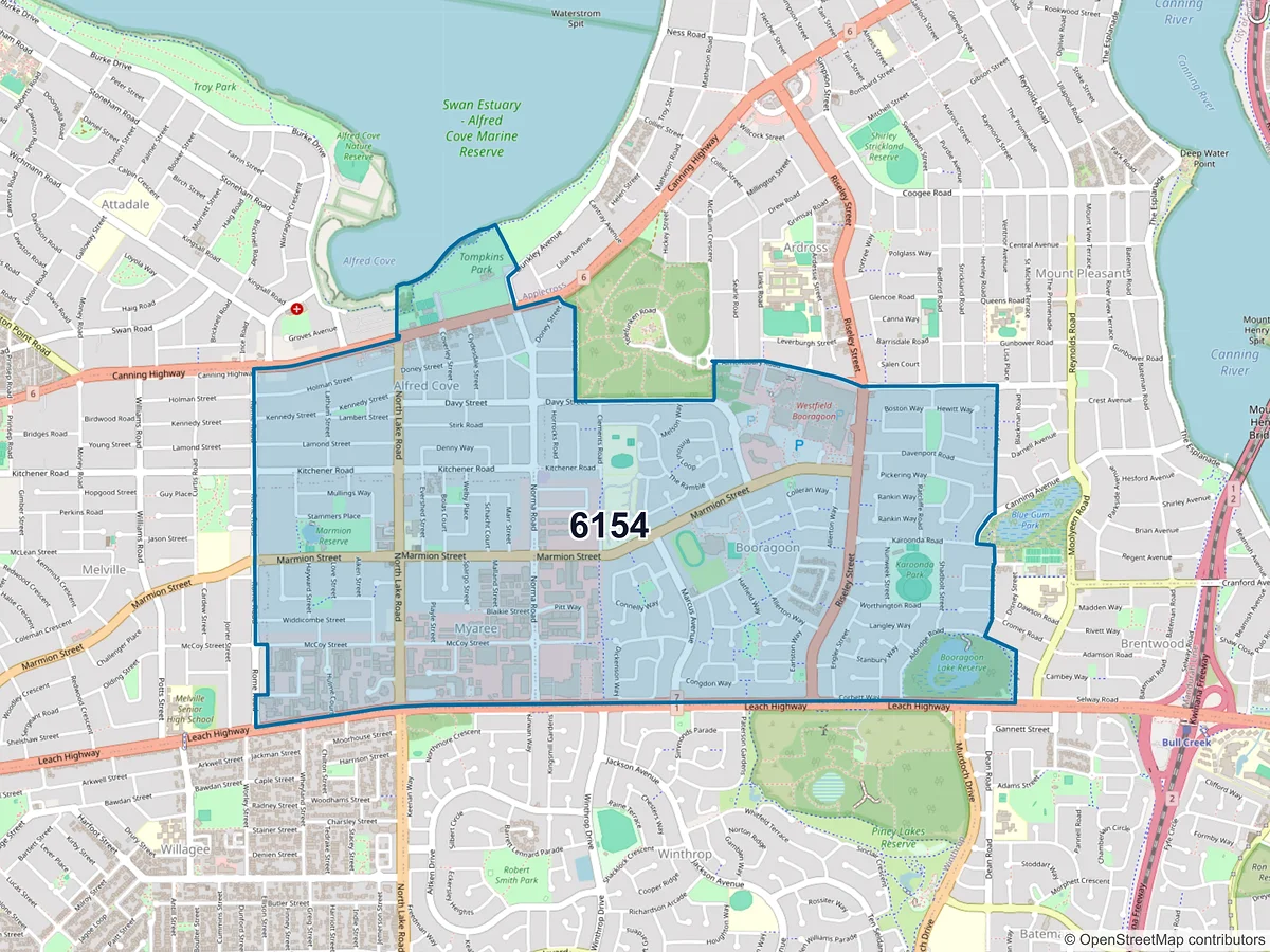 Map of postcode 6154 — Booragoon, WA, Australia