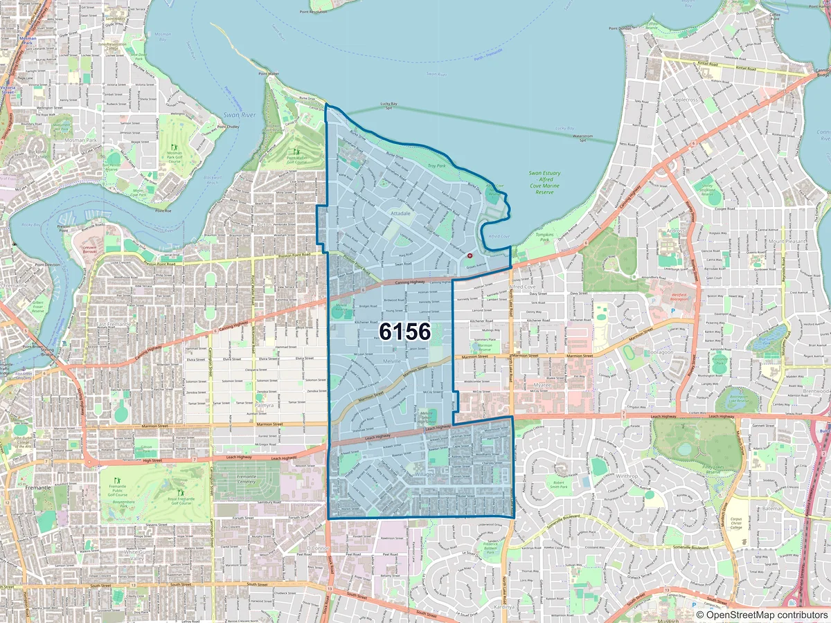 Map of postcode 6156 — Attadale, WA, Australia