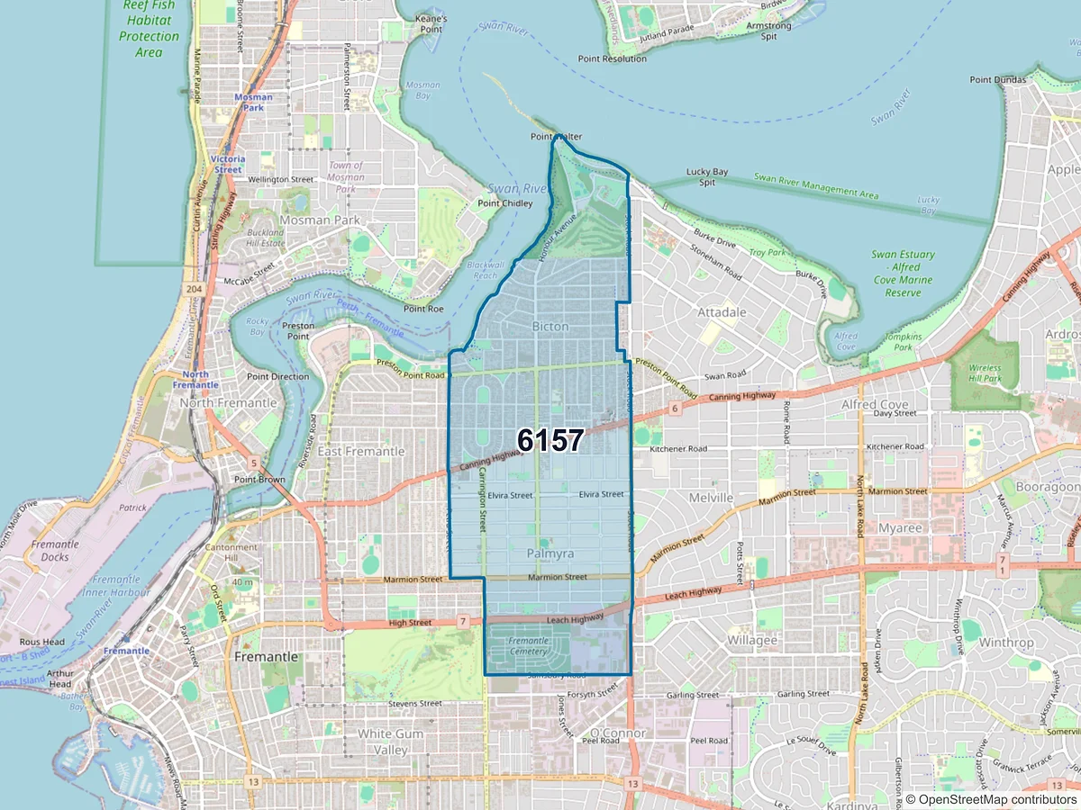 Map of postcode 6157 — Palmyra, WA, Australia