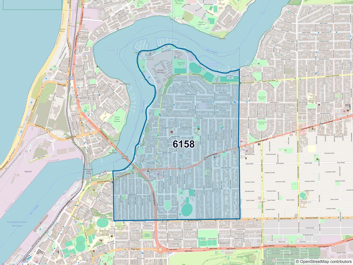 Map of postcode 6158 — East Fremantle, WA, Australia