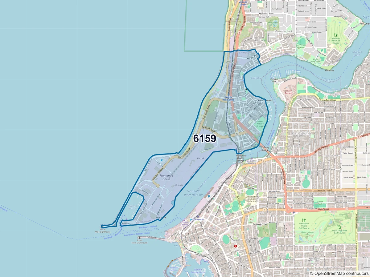 Map of postcode 6159 — North Fremantle, WA, Australia