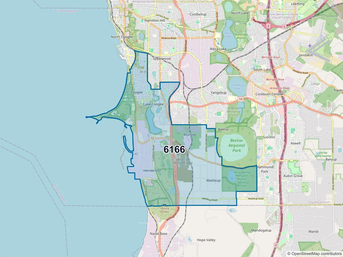Map of postcode 6166 — Coogee, WA, Australia