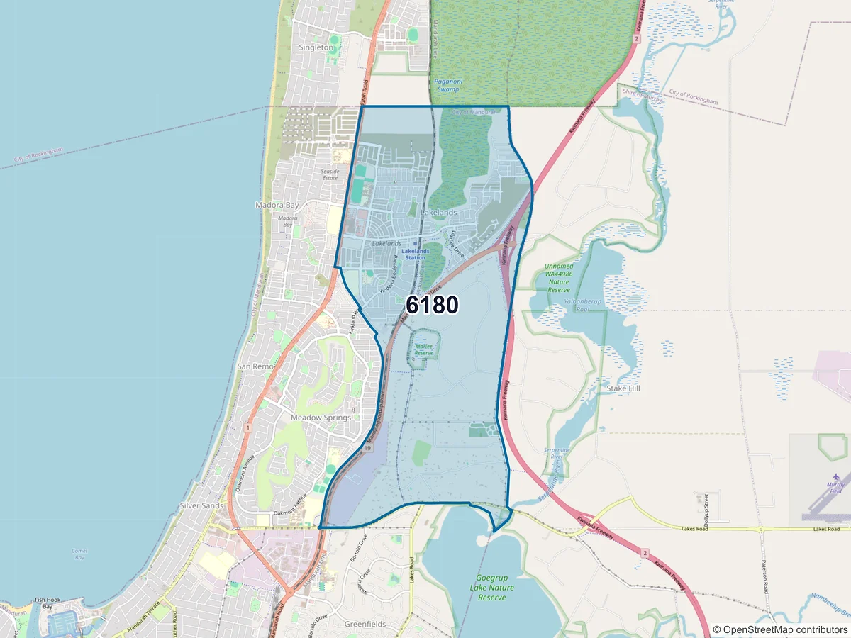 Map of postcode 6180 — Lakelands, WA, Australia