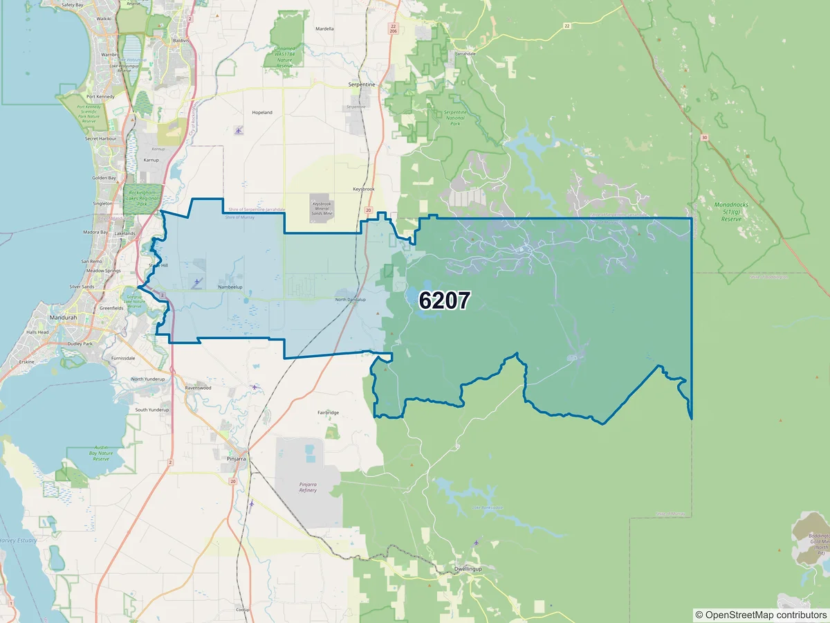 Map of postcode 6207 — North Dandalup, WA, Australia