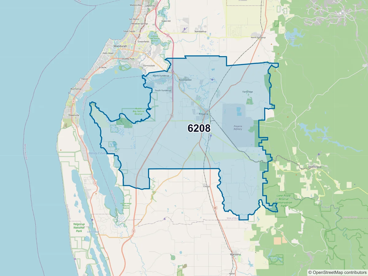 Map of postcode 6208 — Pinjarra, WA, Australia