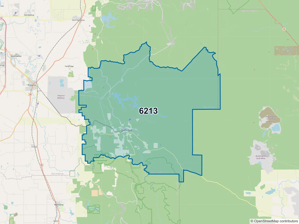 Map of postcode 6213 — Dwellingup, WA, Australia