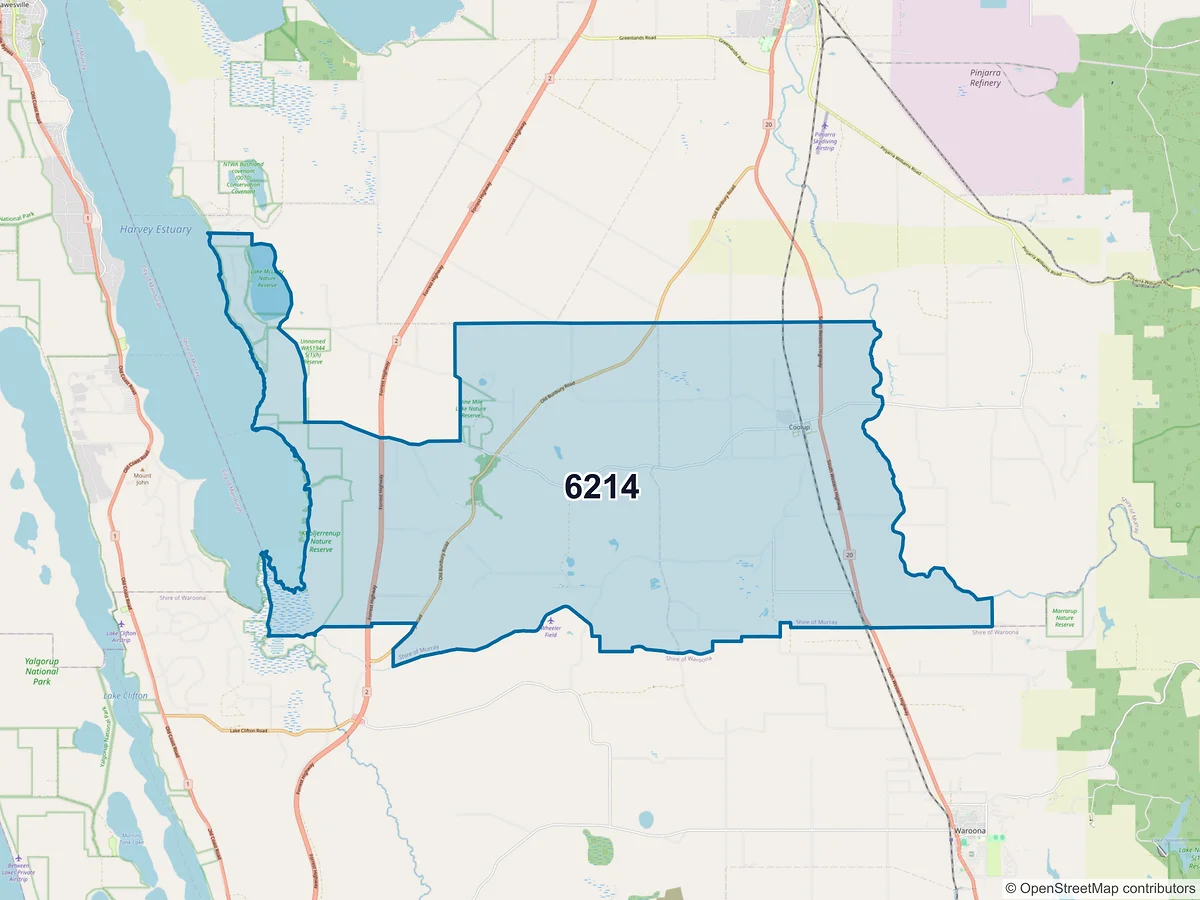 Map of postcode 6214 — Coolup, WA, Australia