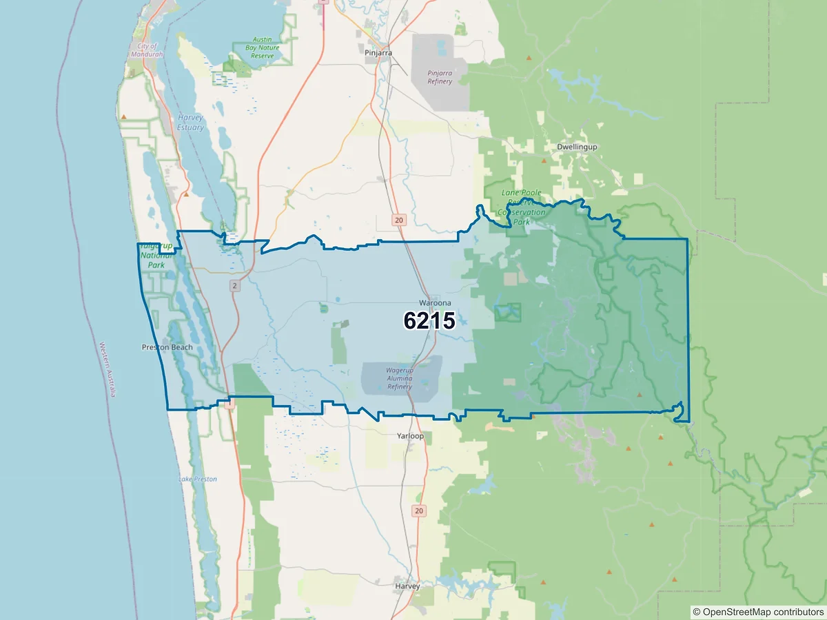 Map of postcode 6215 — Waroona, WA, Australia