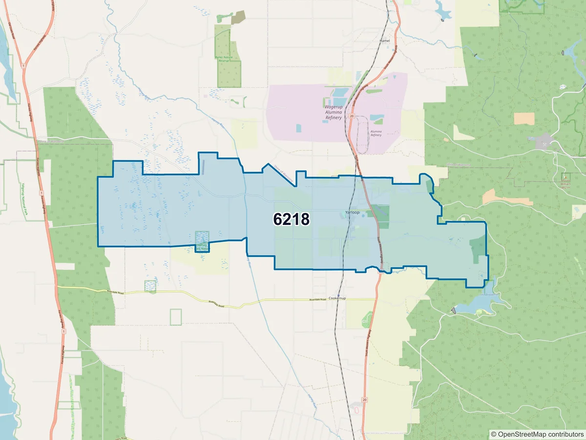 Map of postcode 6218 — Yarloop, WA, Australia