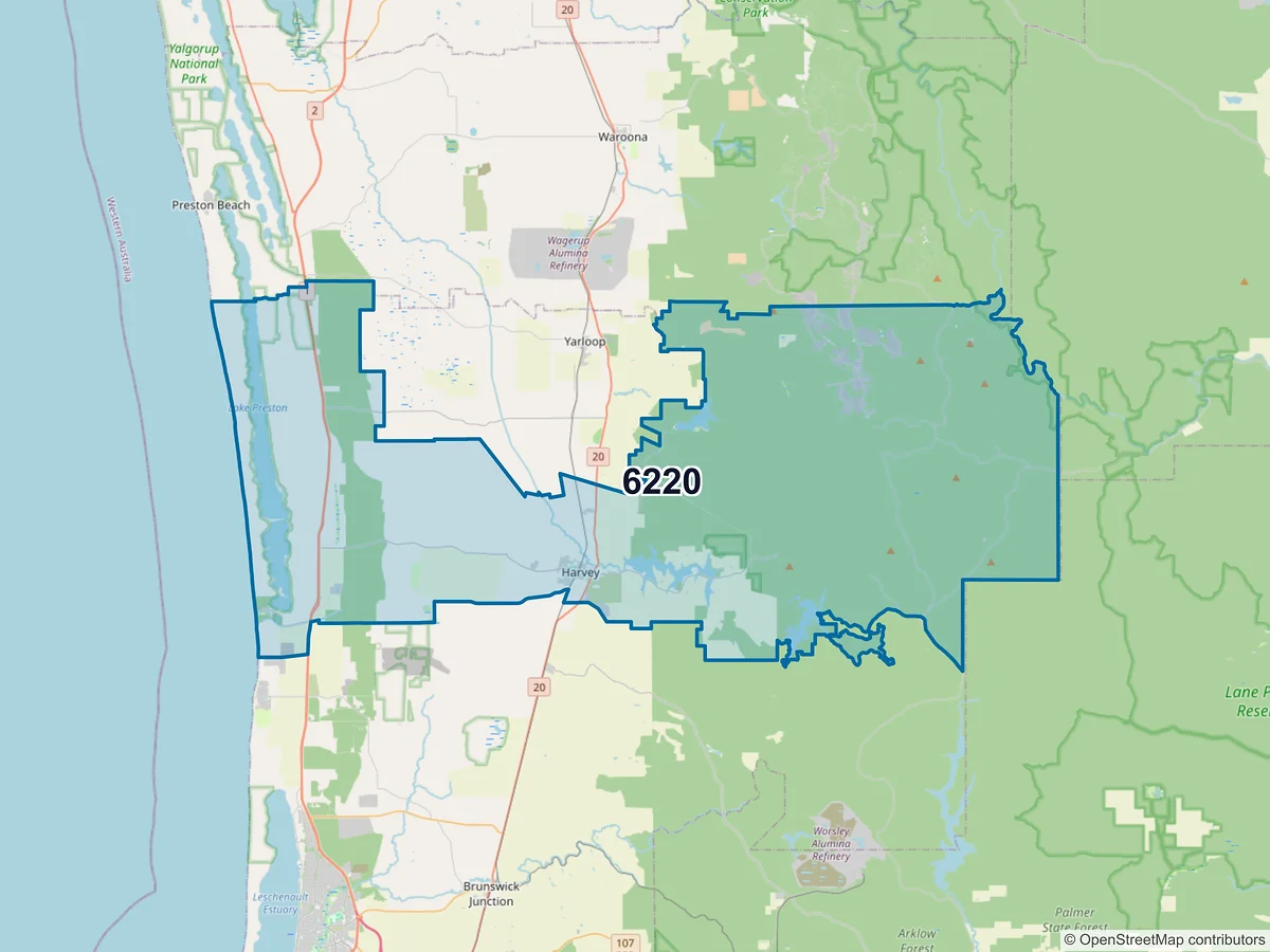 Map of postcode 6220 — Harvey, WA, Australia