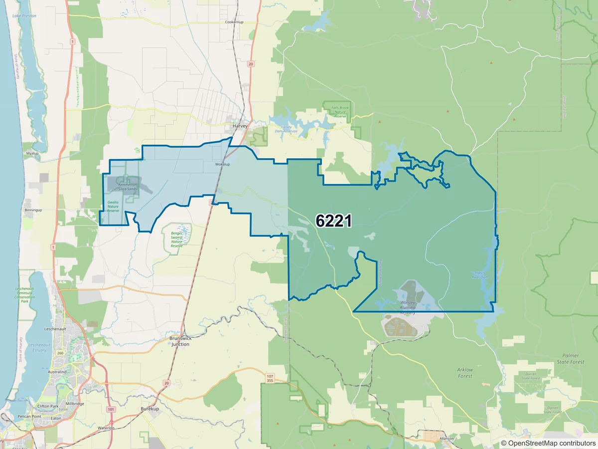 Map of postcode 6221 — Wokalup, WA, Australia