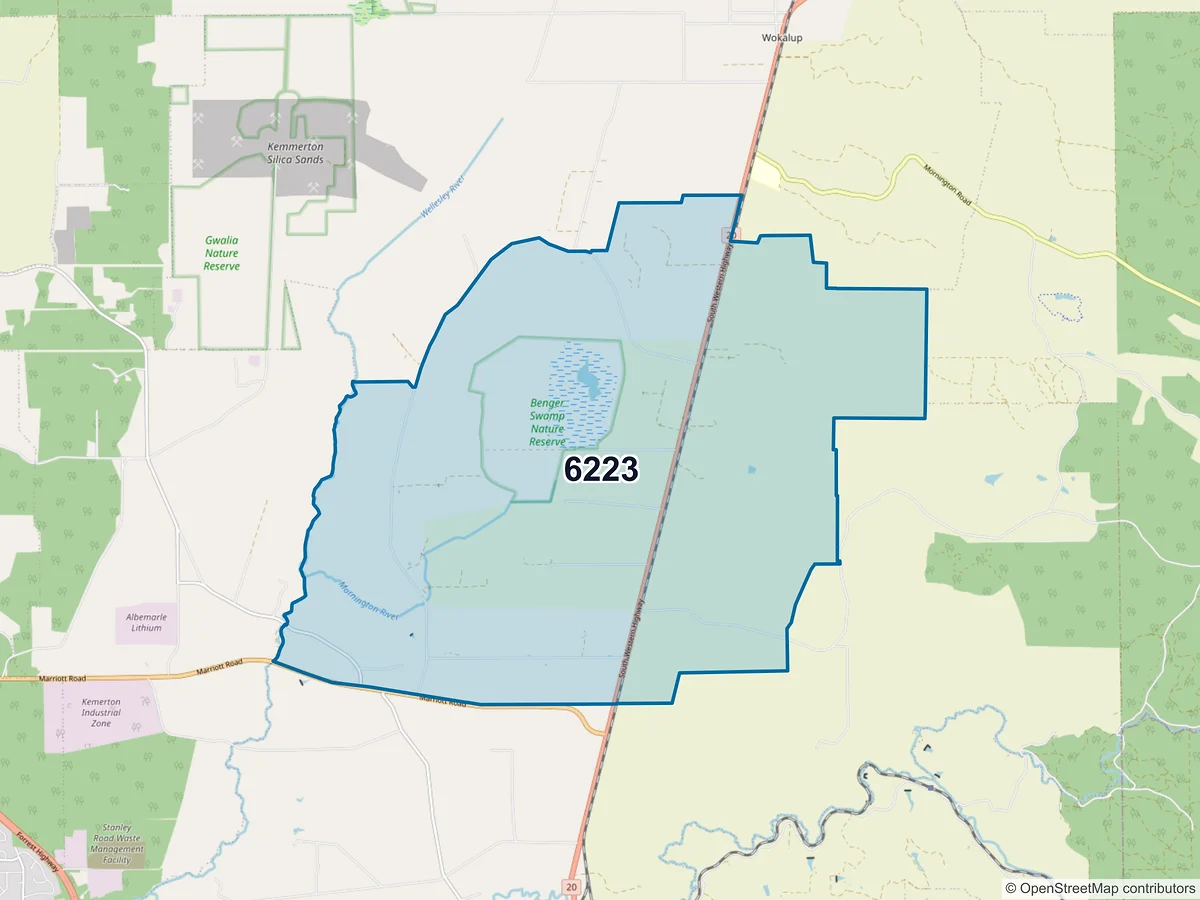 Map of postcode 6223 — Benger, WA, Australia