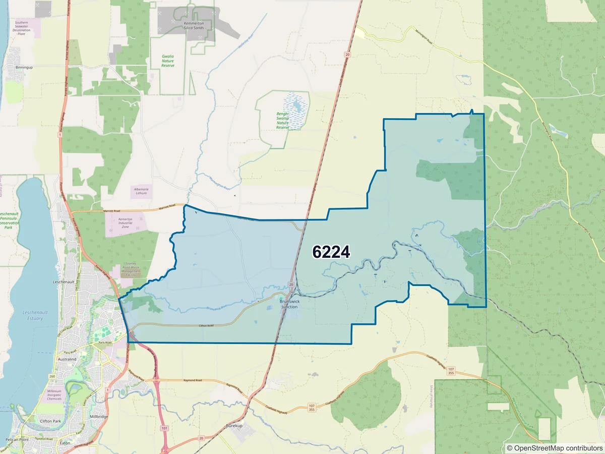 Map of postcode 6224 — Brunswick, WA, Australia