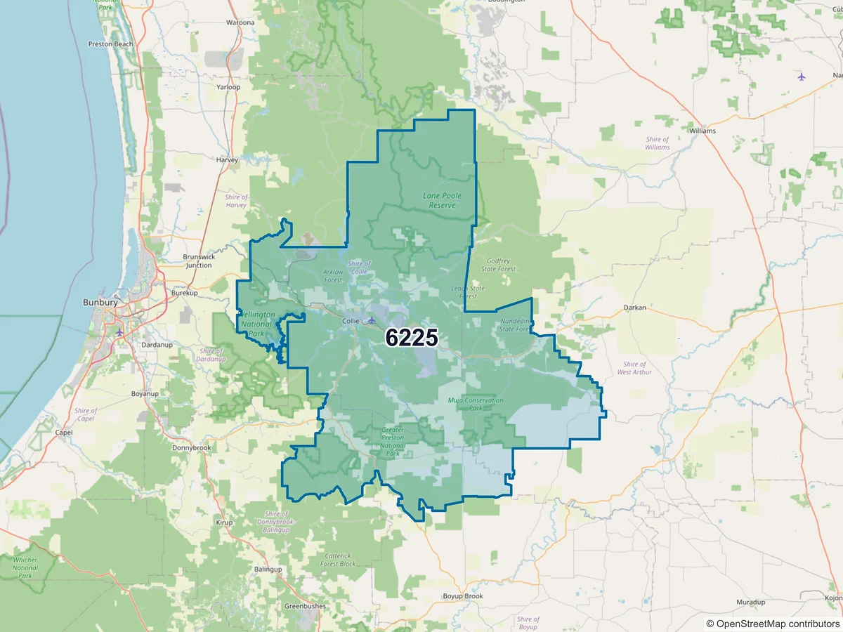 Map of postcode 6225 — Collie, WA, Australia