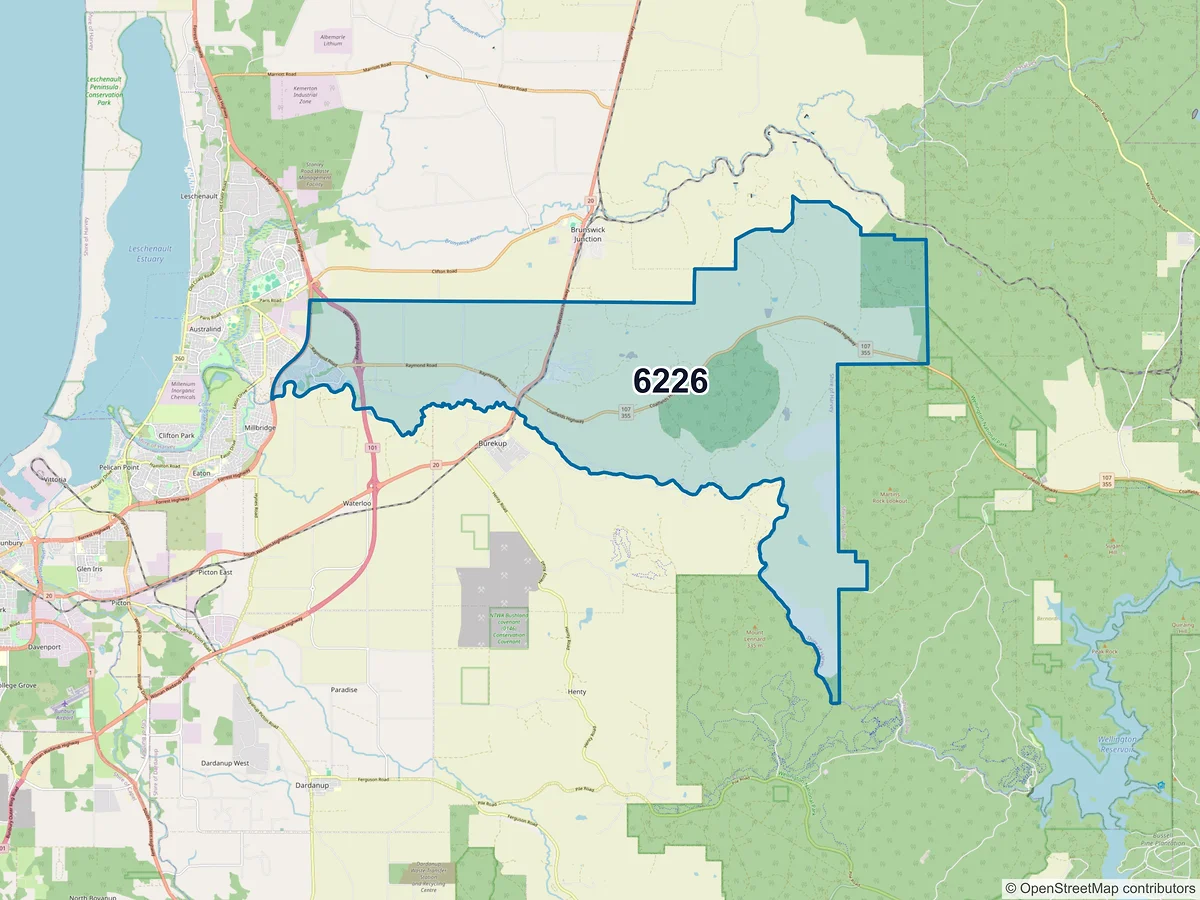 Map of postcode 6226 — Roelands, WA, Australia