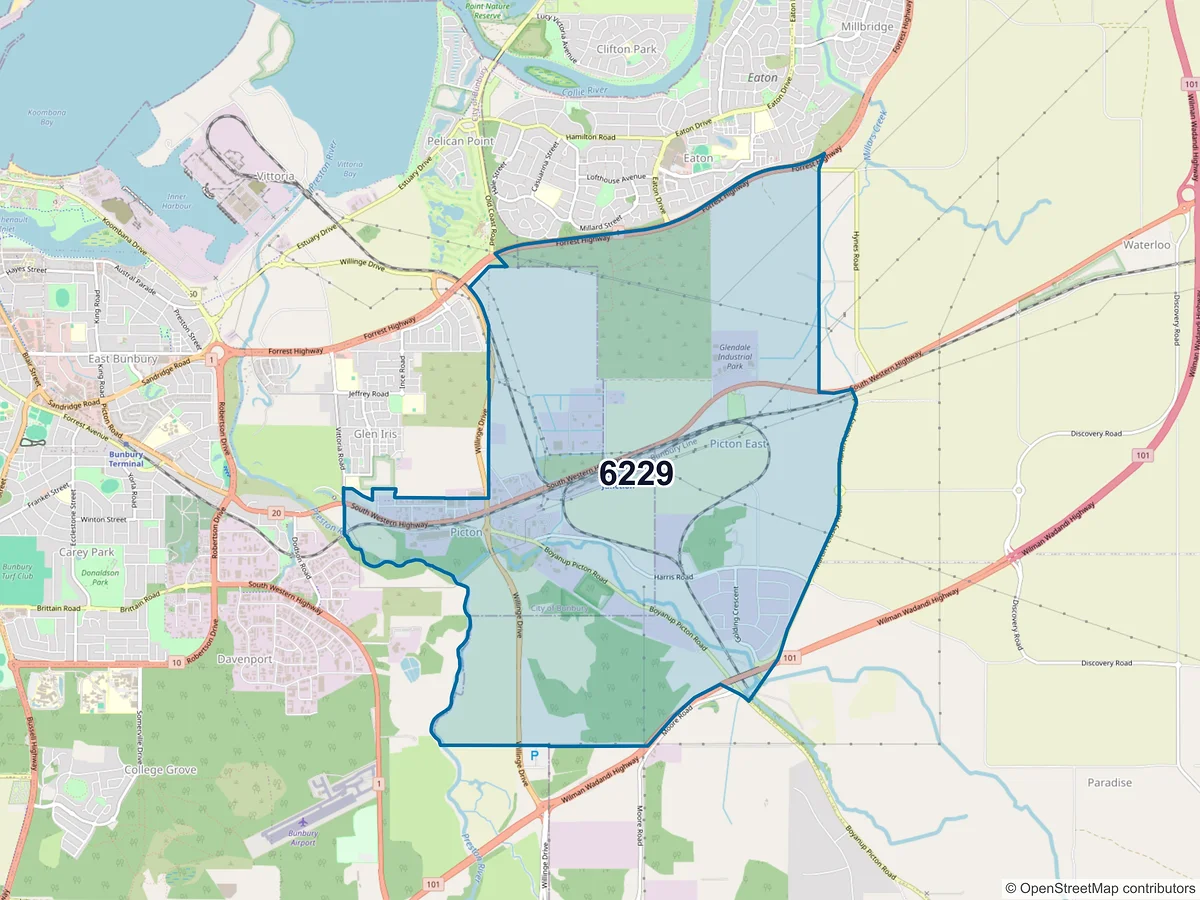 Map of postcode 6229 — Picton, WA, Australia
