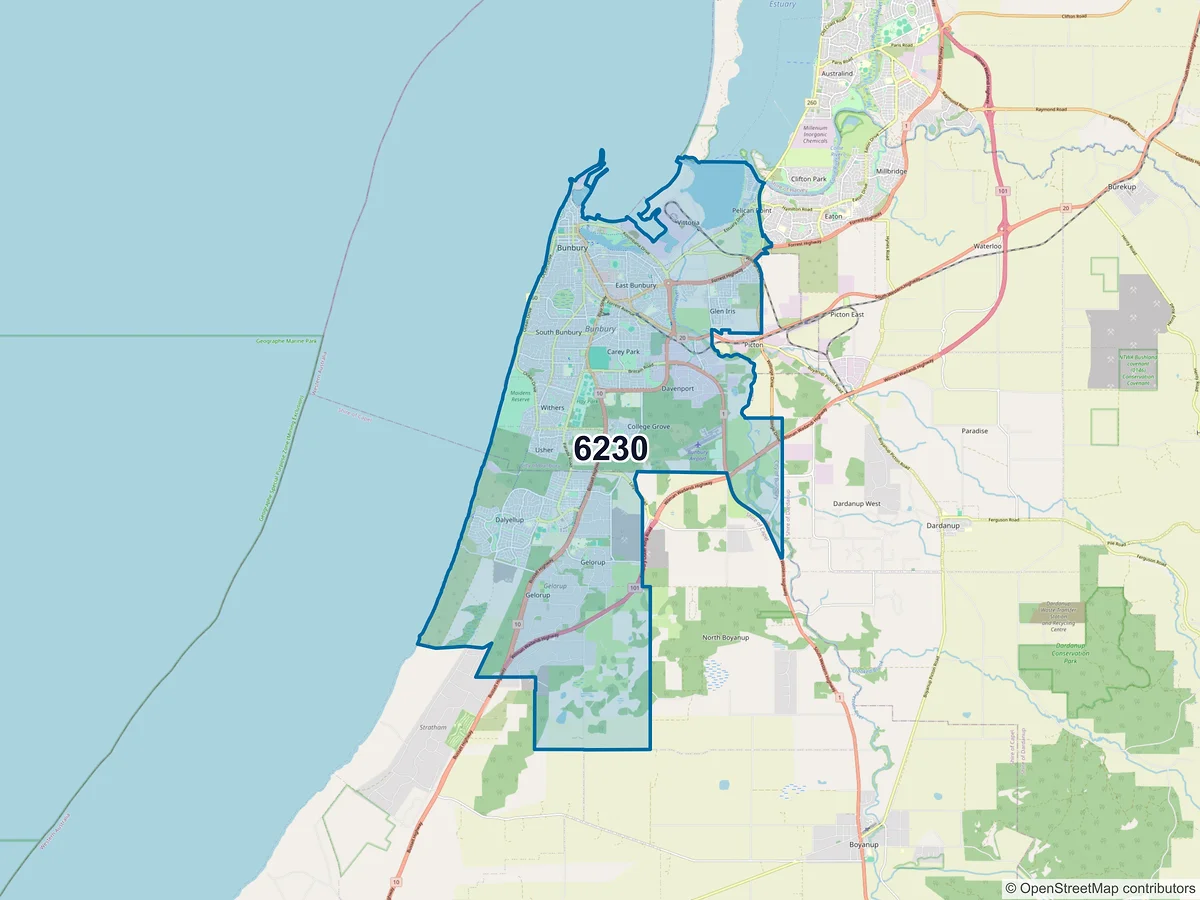 Map of postcode 6230 — South Bunbury, WA, Australia