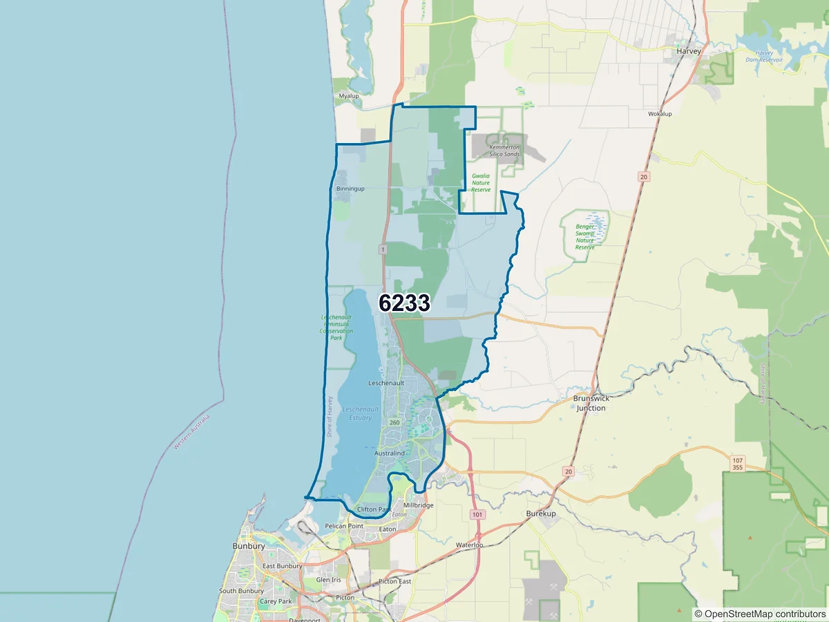 Map of postcode 6233 — Australind, WA, Australia