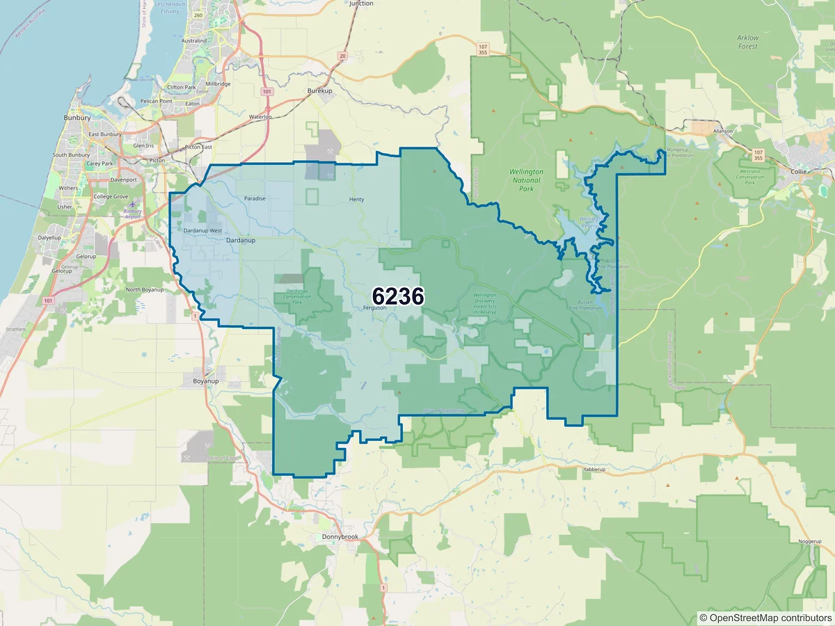 Map of postcode 6236 — Dardanup West, WA, Australia